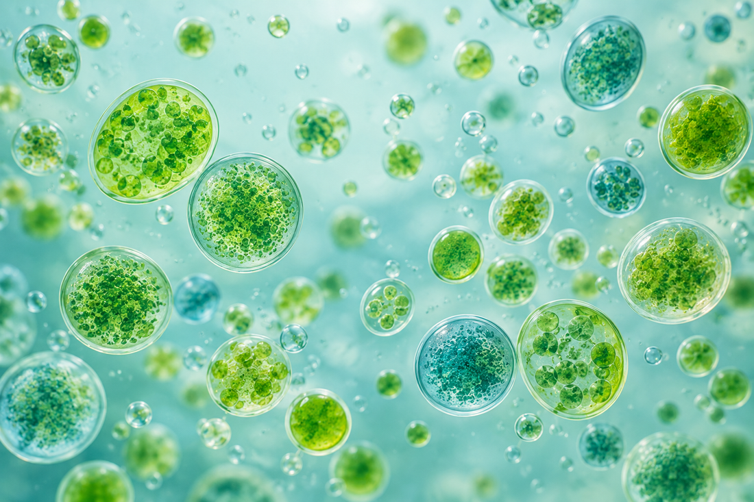 Conceptual illustration of green and teal microalgae cells suspended in pale aqua water.