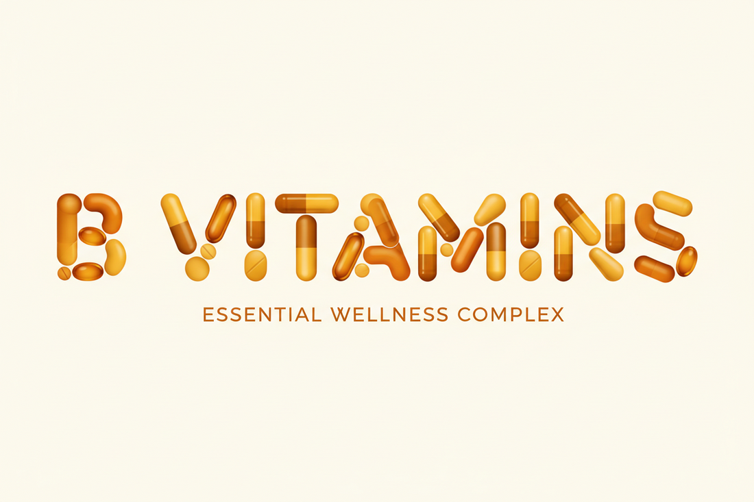 Golden capsules and tablets spelling “B Vitamins,” with the subtitle “Essential Wellness Complex.”