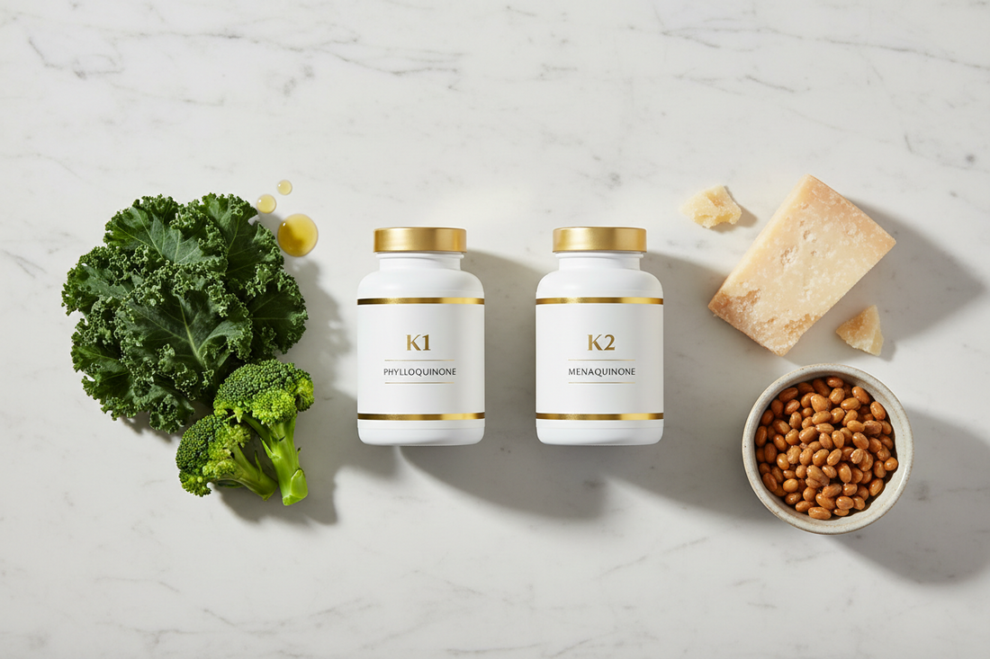 Two illustrated bottles labeled K1 phylloquinone and K2 menaquinone beside leafy greens, broccoli, cheese, and a bowl of beans.