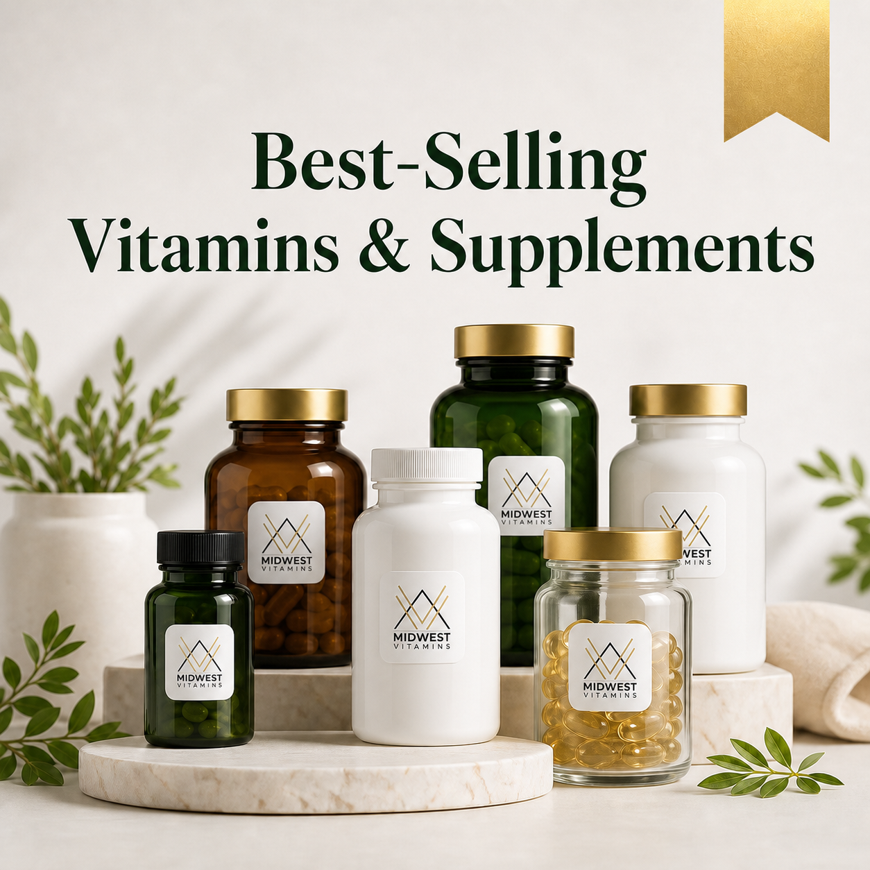 Best-Selling Vitamins & Supplements category image with Midwest Vitamins branding