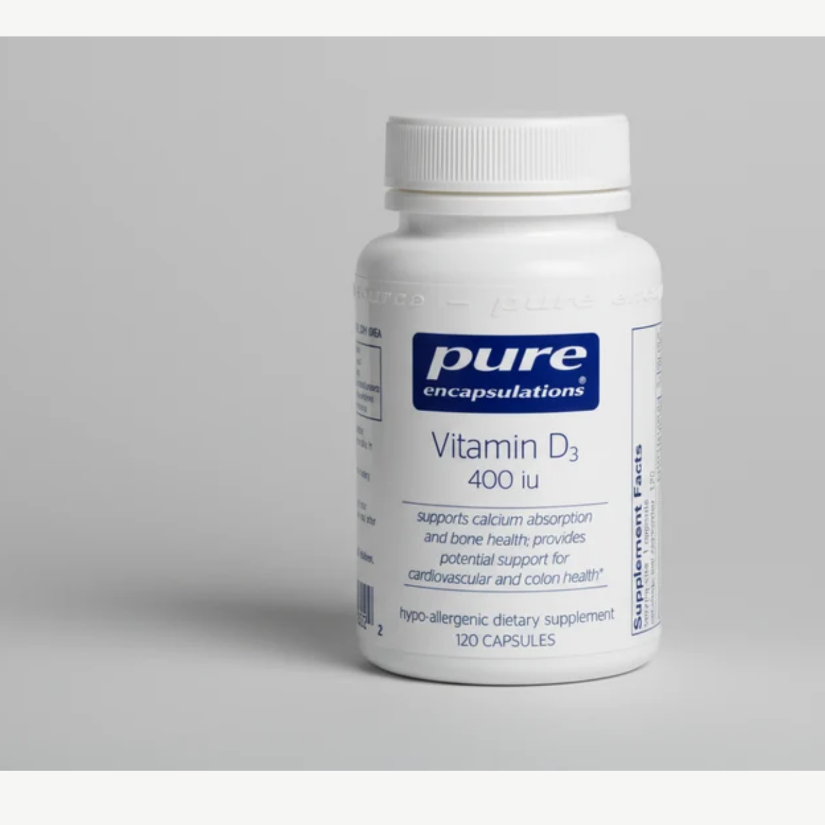 Pure Encapsulations Vitamin D3 10 mcg (400 IU) - 120 Capsules front label