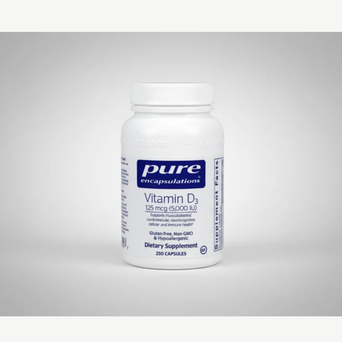 Pure Encapsulations Vitamin D3 125 mcg 5,000 IU - 250 Capsules front label