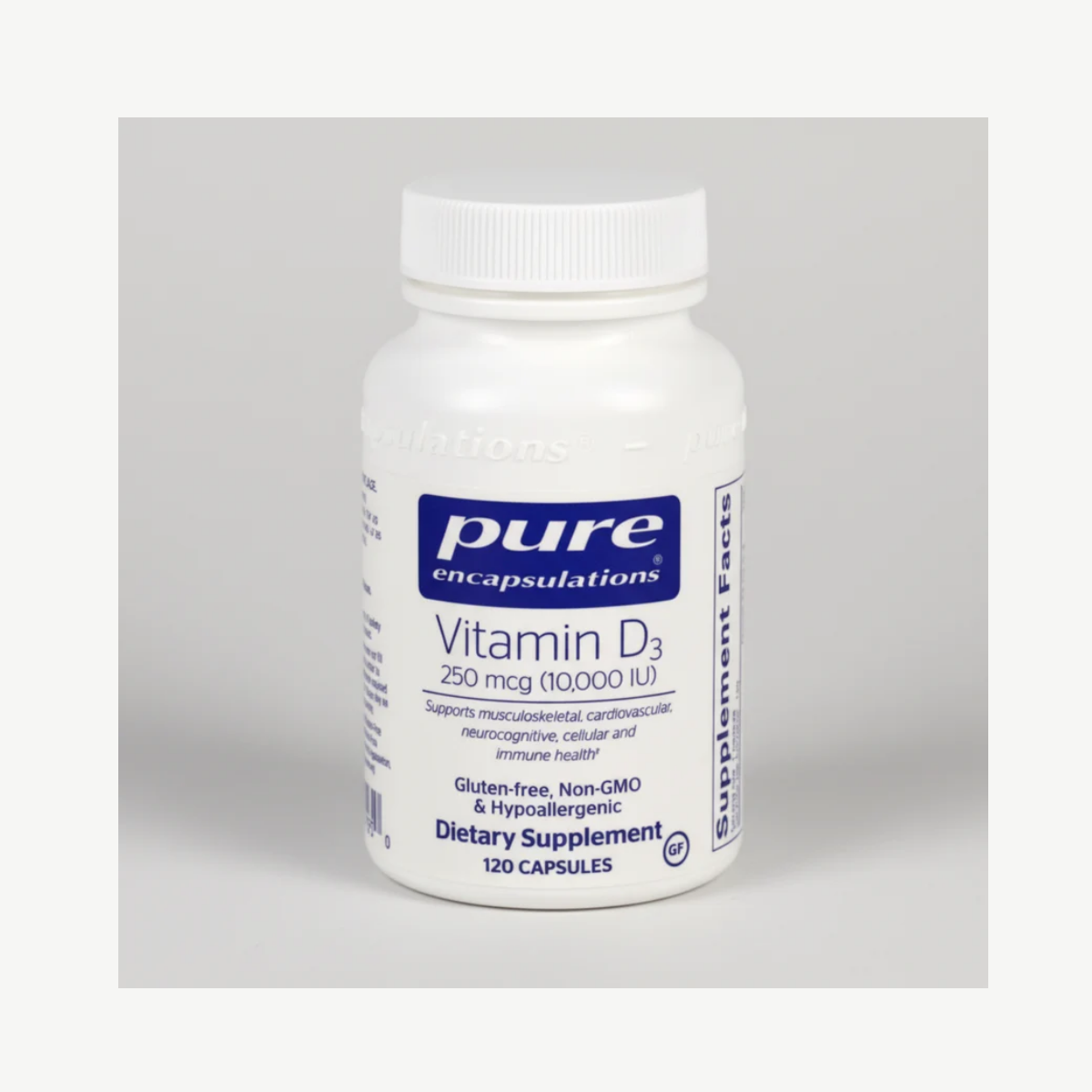 Pure Encapsulations Vitamin D3 250 mcg 10,000 IU - 120 Capsules front label