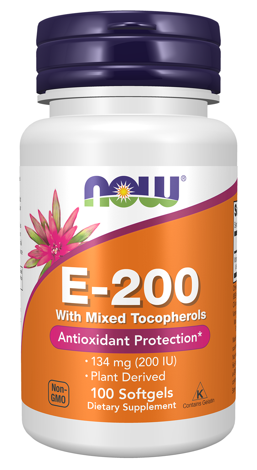NOW Foods Vitamin E-200 With Mixed Tocopherols - 100 Softgels front package image