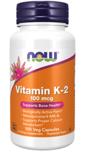 NOW Foods Vitamin K-2 100 mcg - 100 Veg Capsules front package image