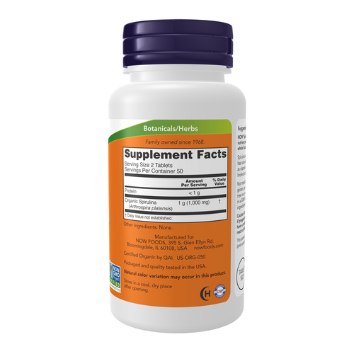 NOW Foods Organic Spirulina 500 mg 100 Tablets | Certified Organic