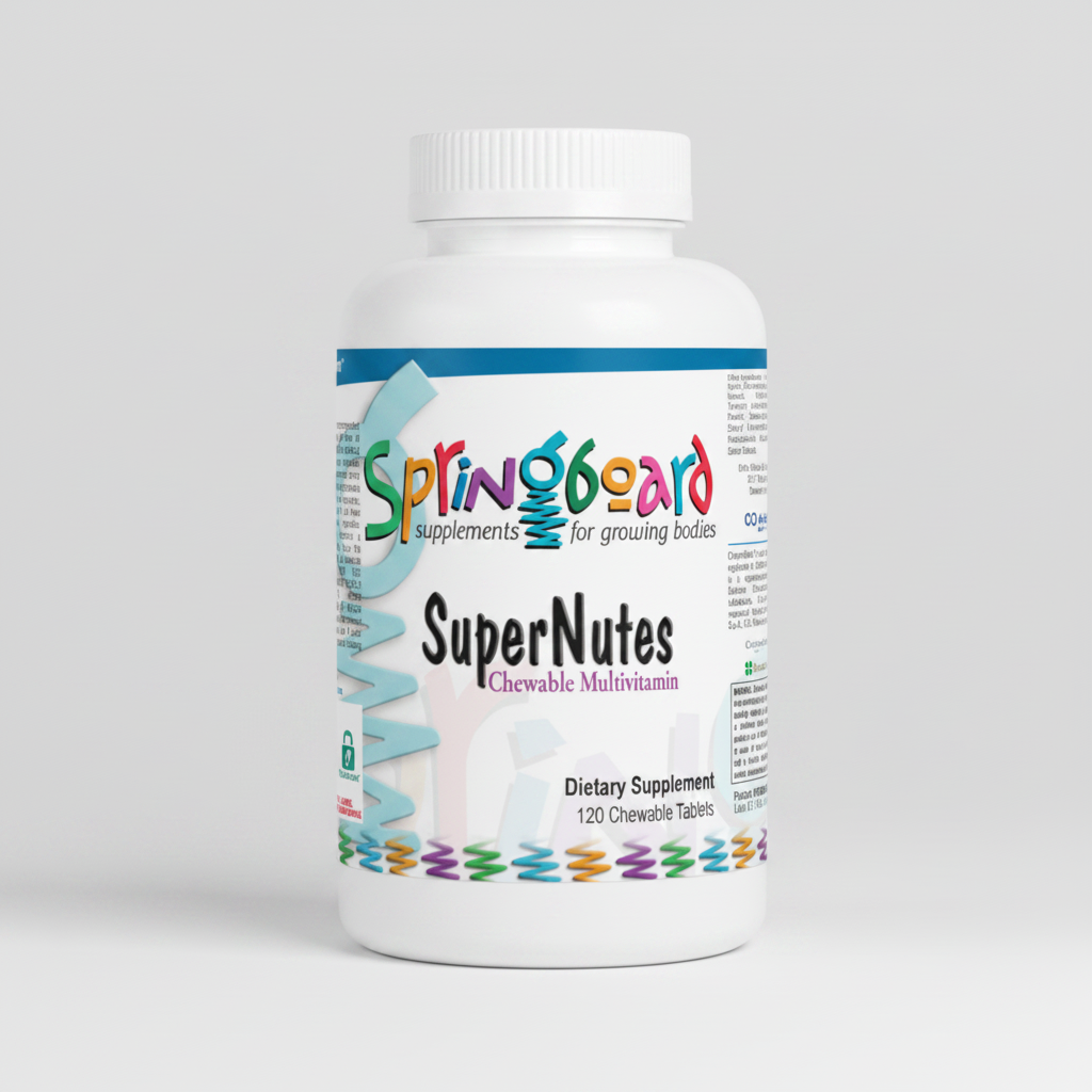 Supplement bottle labeled 'Springboard SuperNutes Chewable Multivitamin' on a white background