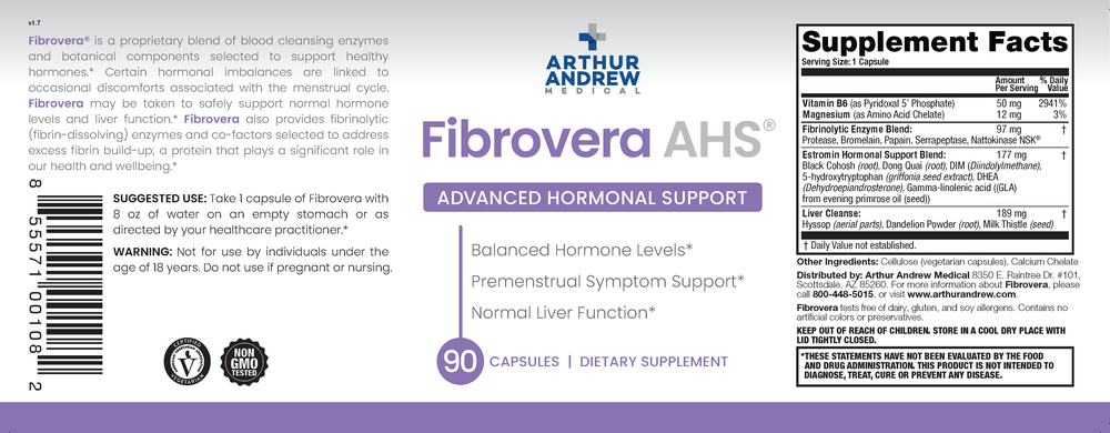 Supplement Facts and warnings label for Arthur Andrew Medical Fibrovera AHS, 90 capsules
