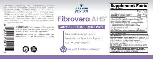 Supplement Facts and warnings label for Arthur Andrew Medical Fibrovera AHS, 90 capsules