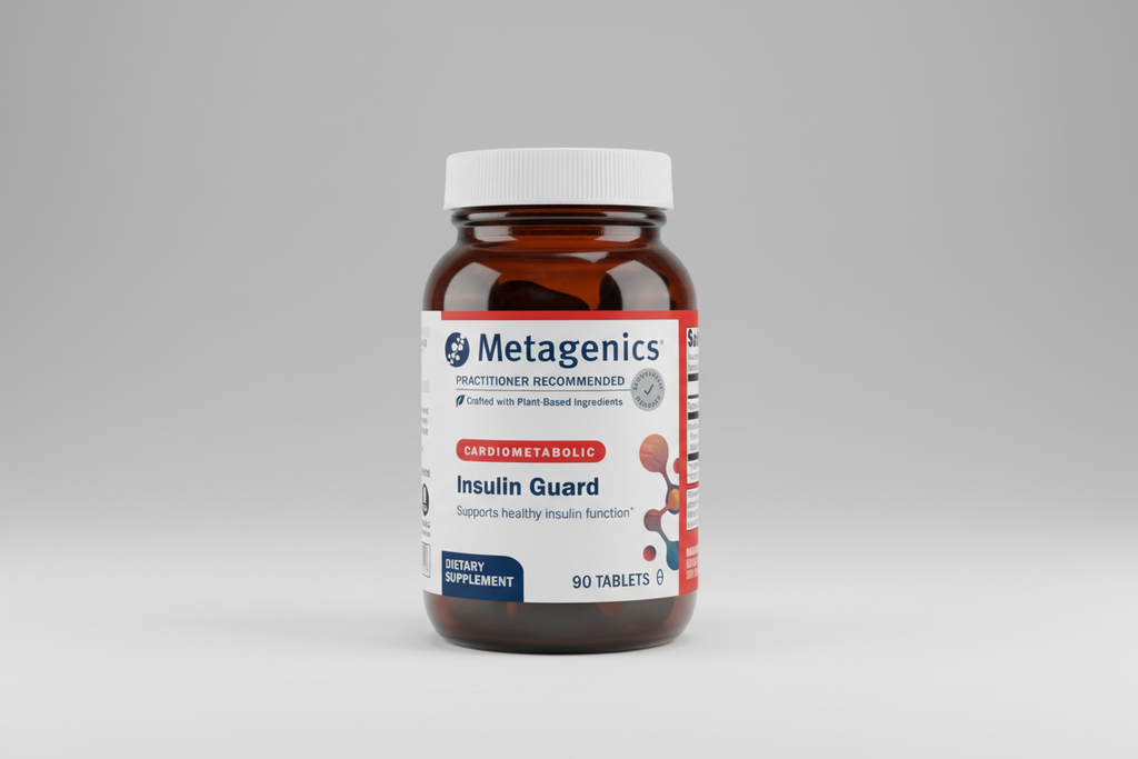 Metagenics Insulin Guard supplement bottle on a gray background