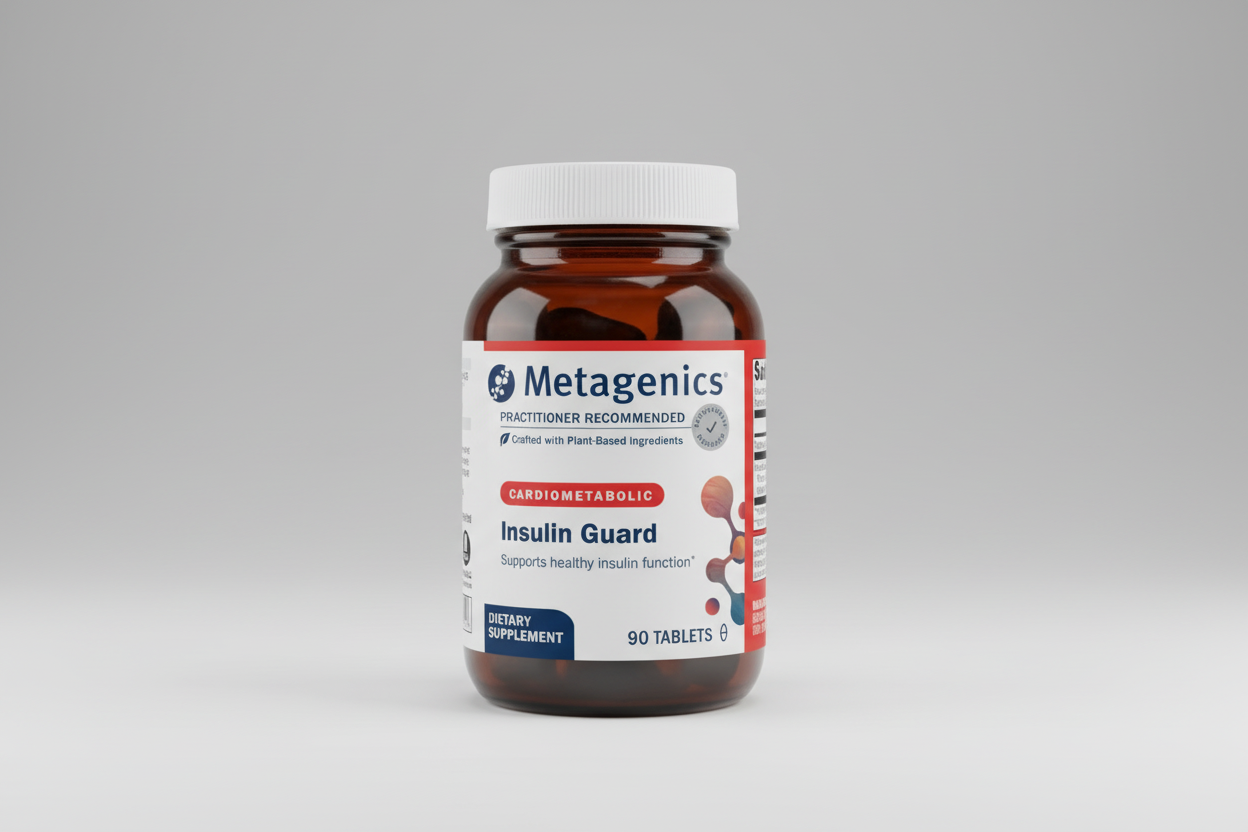 Metagenics Insulin Guard supplement bottle on a gray background