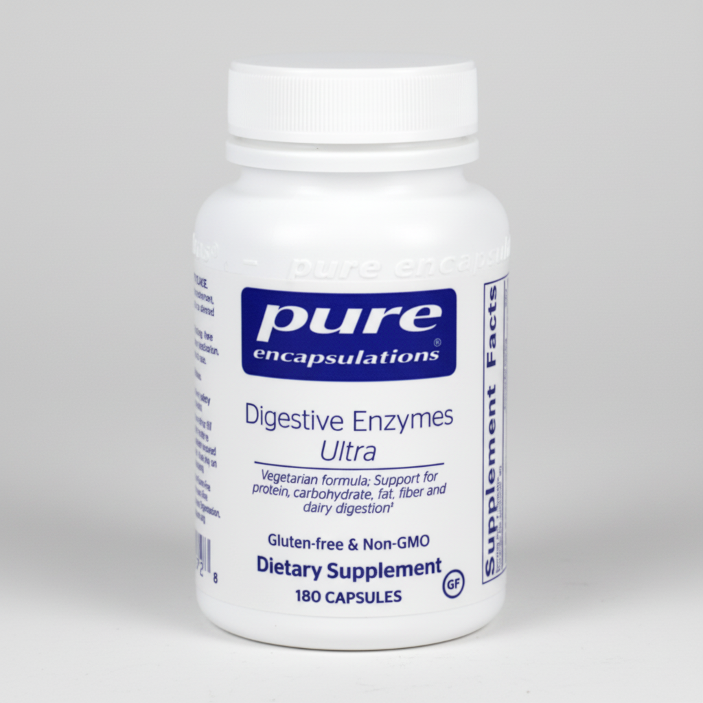 White supplement bottle labeled 'pure encapsulations Digestive Enzymes Ultra' on a white background