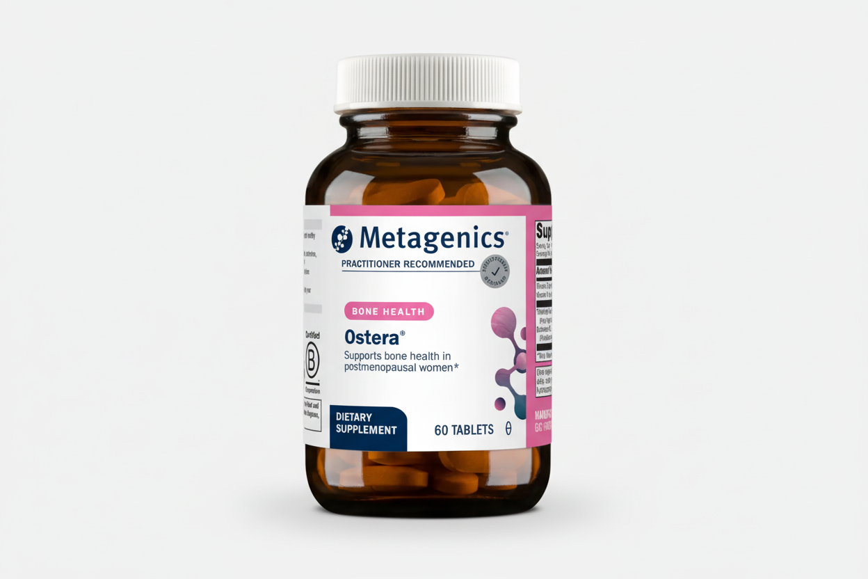 Metagenics Ostera bone health supplement bottle on a white background