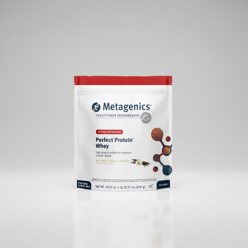 Metagenics Perfect Protein Whey packaging with vanilla flavor indication