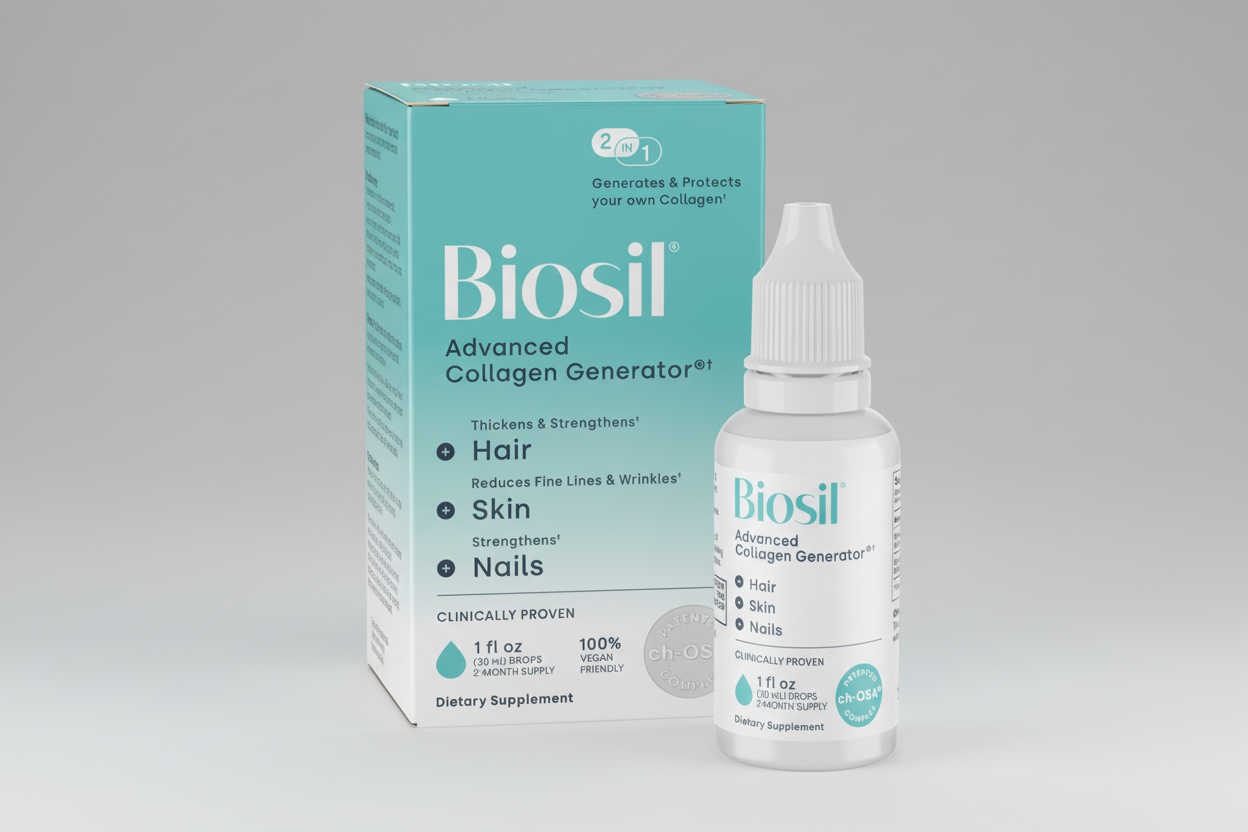 Biosil Advanced Collagen Generator bottle and packaging on a white background