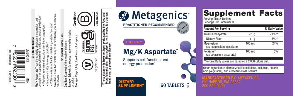 Metagenics Mg/K Aspartate 60 Tablets