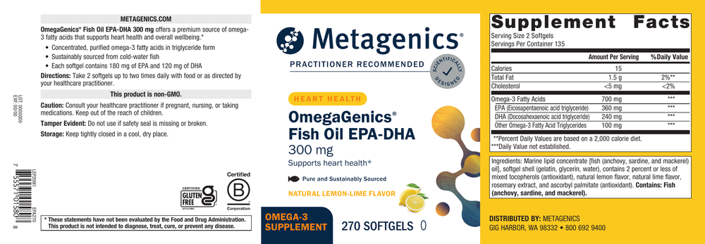 Metagenics OmegaGenics EPA-DHA Fish Oil Lemon-Lime 240 Softgels