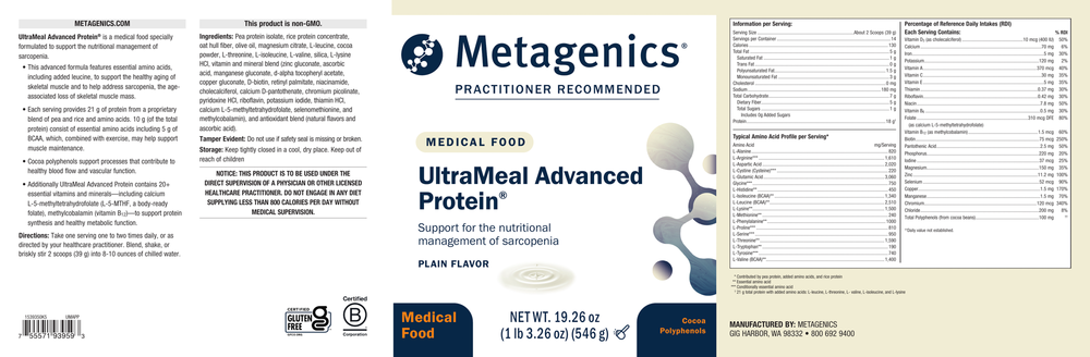 Metagenics UltraMeal Advanced Protein Plain 546g (19.26 oz)