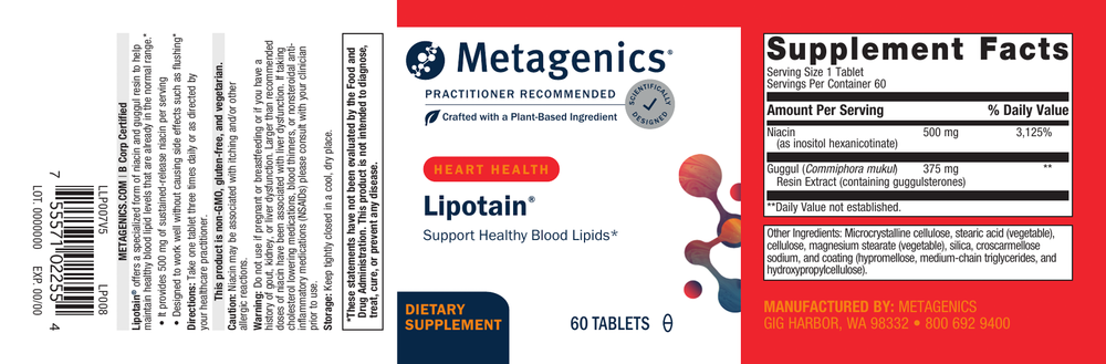 Metagenics Lipotain Plant Sterols Policosanol Red Yeast Rice Lipid Support | 60ct