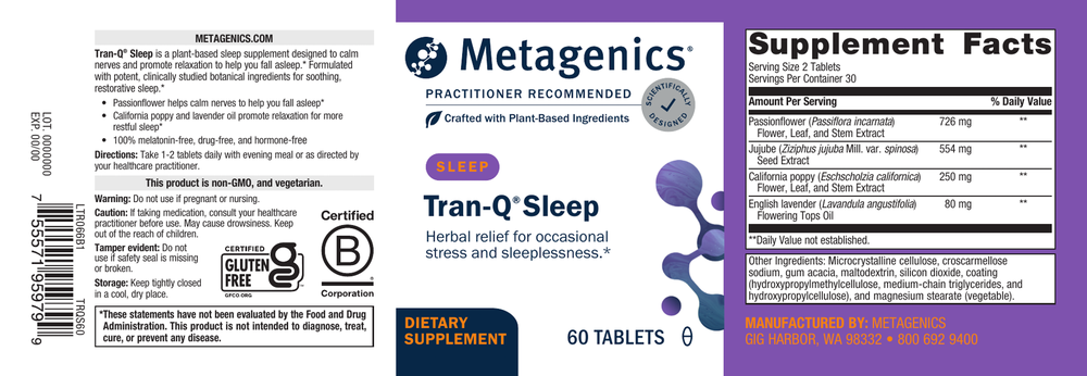 Metagenics Tran-Q Sleep Passionflower Valerian Magnesium 60ct