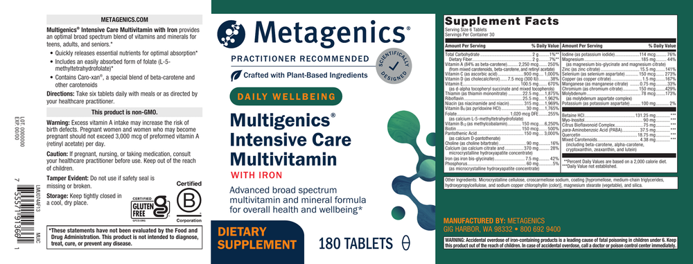 Metagenics Multigenics Intensive Care with Iron 180 Tablets