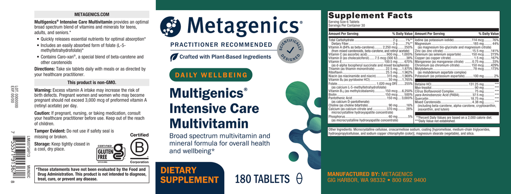 Metagenics Multigenics Intensive Care Without Iron 180 Tablets