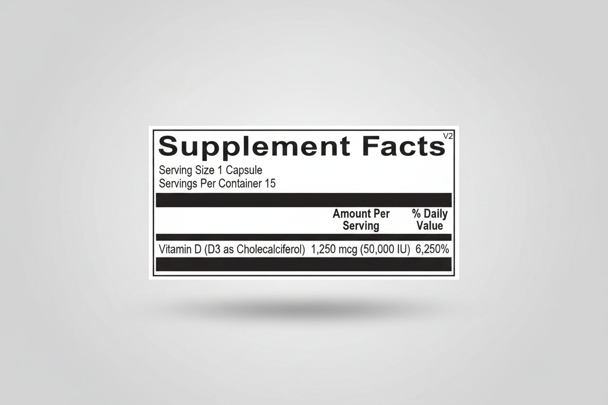 Supplement facts label for a vitamin D supplement with serving size and container details.