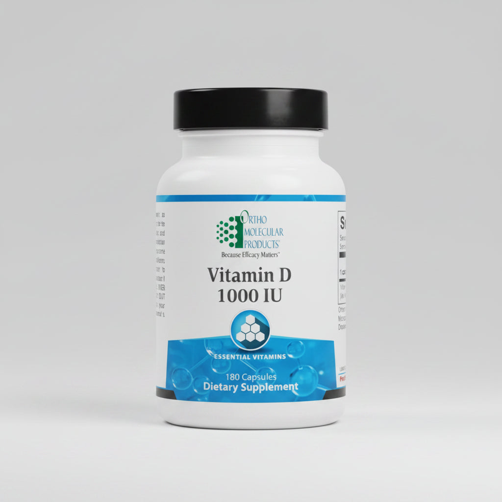 Supplement bottle labeled 'Vitamin D 1000 IU' by Ortho Molecular Products on a white background