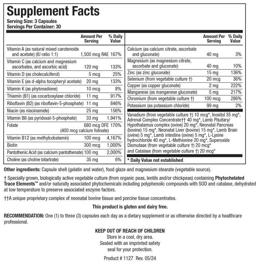 Biotics Research Bio-Glycozyme Forte, SKU 1127 Supplement Facts and warnings, revision May 2024