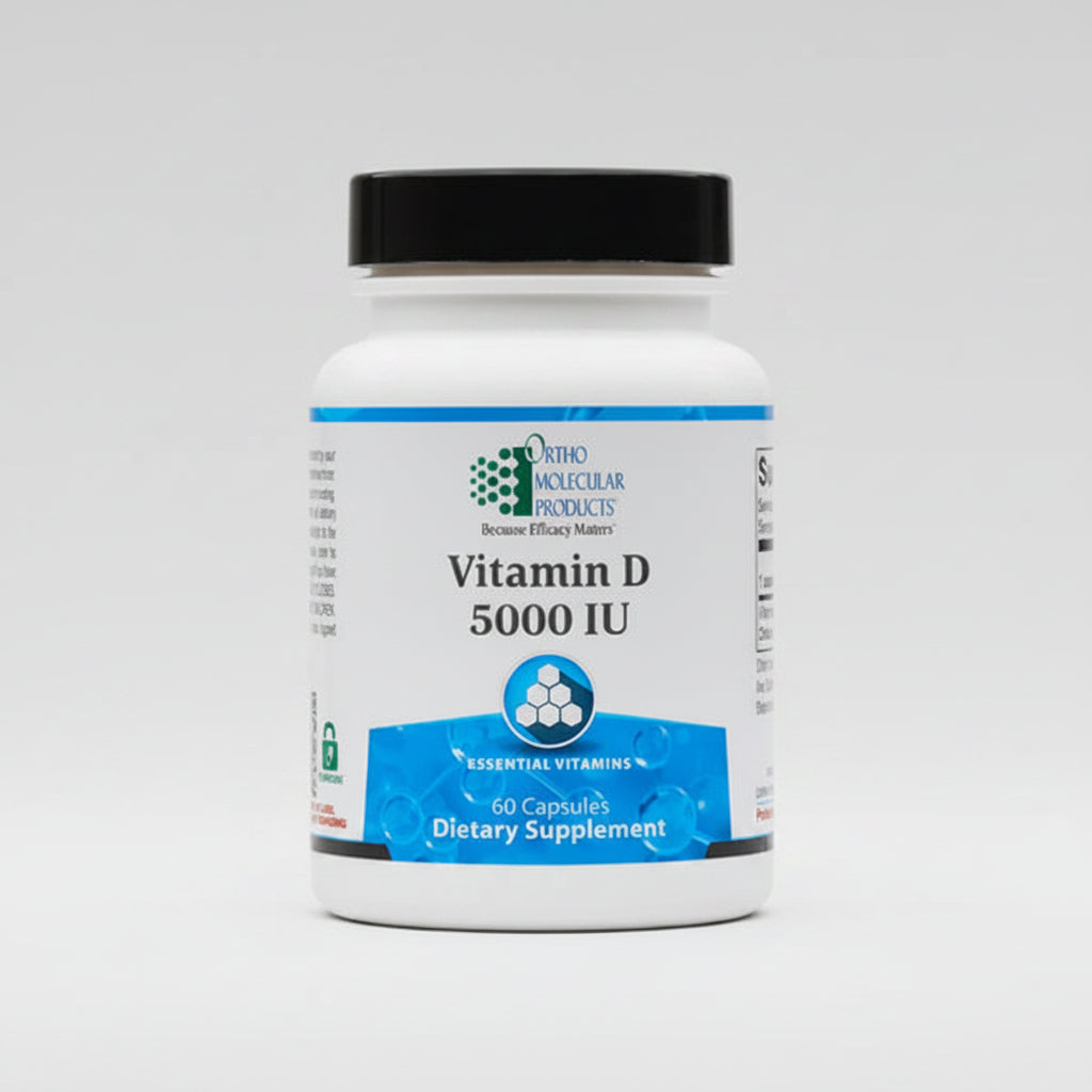 Supplement bottle labeled 'Vitamin D 5000 IU' by Ortho Molecular Products on a white background