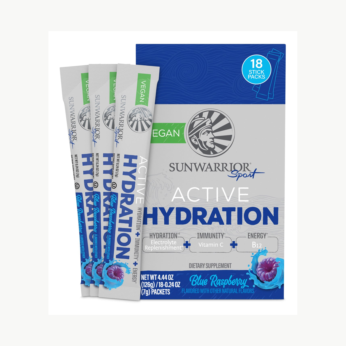 Sunwarrior Active Hydration Popbox Blue Raspberry 18 Sticks official front image