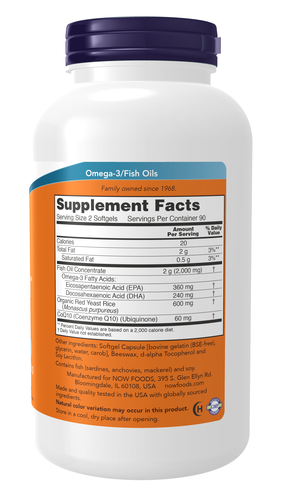 NOW Foods Red Omega Fish Oil 180 Softgels | EPA, DHA, CoQ10 & Red Yeast Rice
