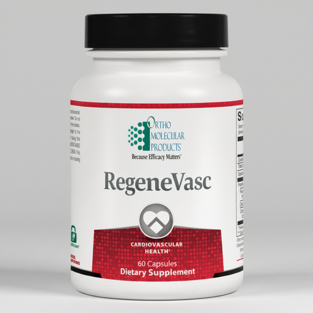 Supplement bottle labeled 'RegeneVasc' by Ortho Molecular Products on a white background