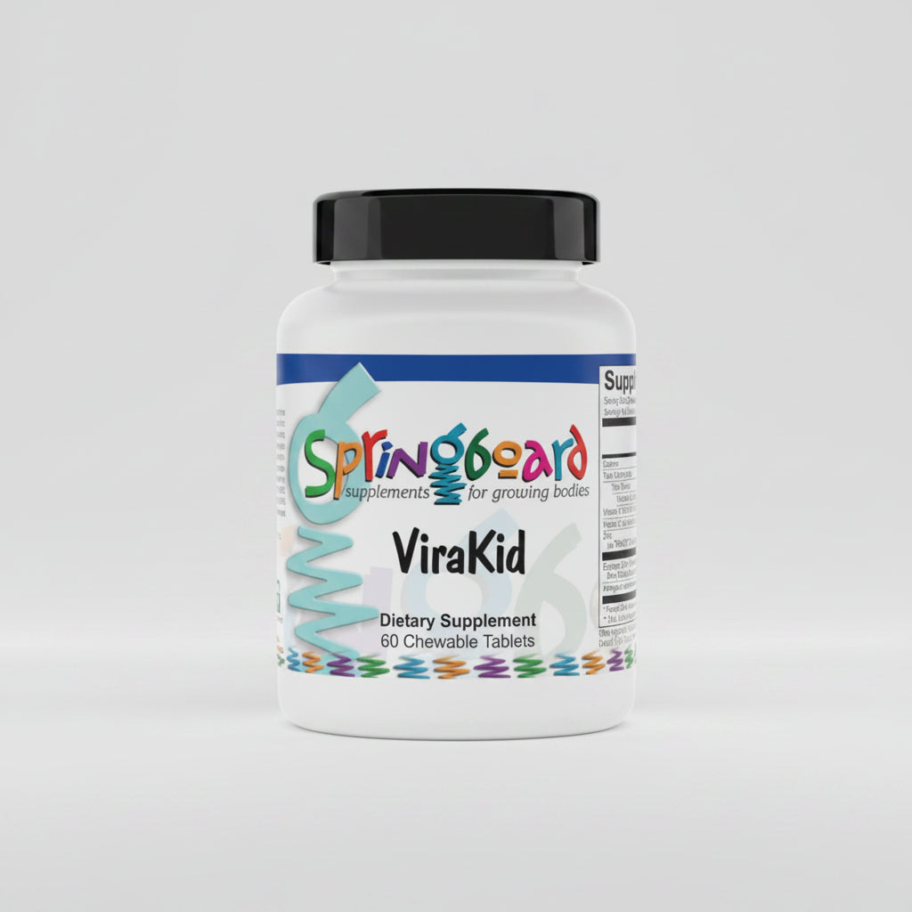 Supplement bottle labeled 'Springboard ViraKid' on a white background