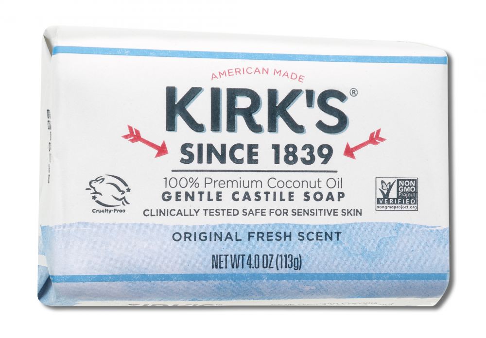 Kirk's Original Fresh Scent Castile Bar Soap, one 4-ounce bar in its packaging
