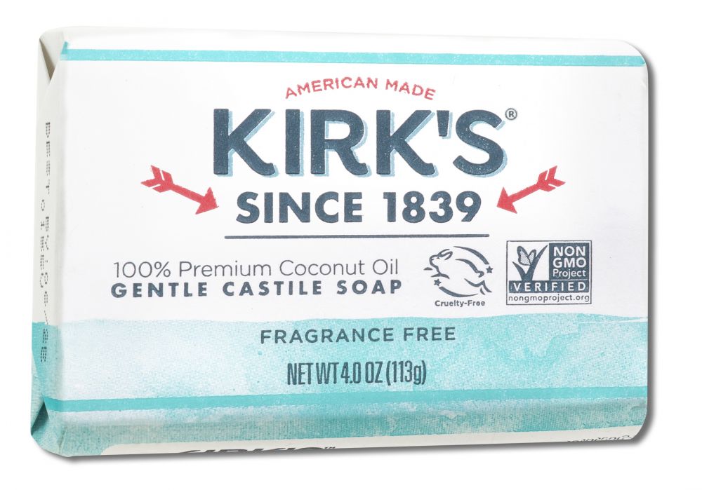 Kirk's Fragrance Free Castile Bar Soap, one 4-ounce bar in its packaging