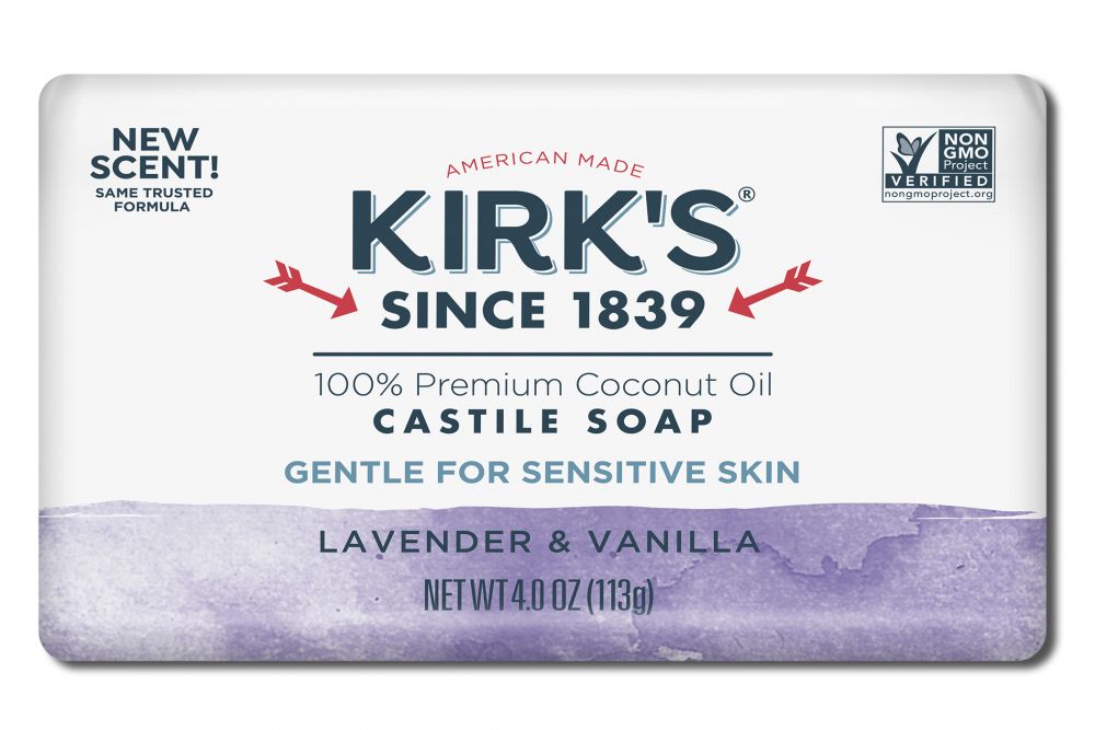 Kirk's Lavender & Vanilla Castile Bar Soap, one 4-ounce bar in its packaging