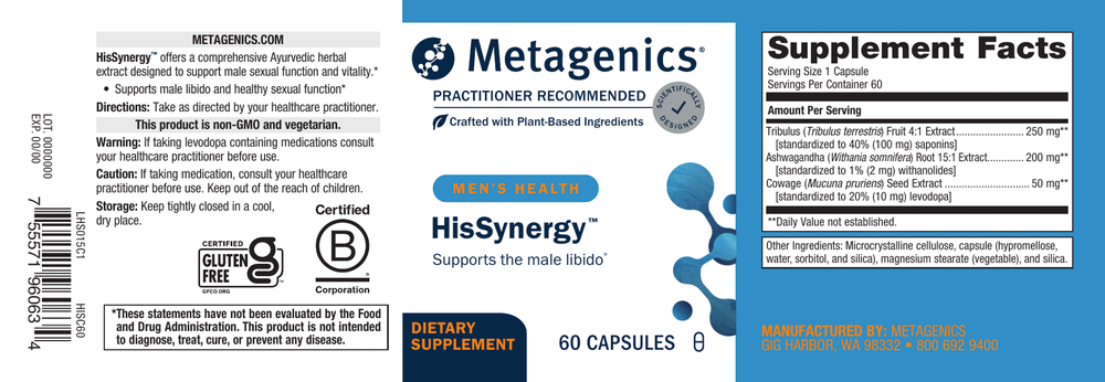 Metagenics HisSynergy supplement label with supplement facts and branding.