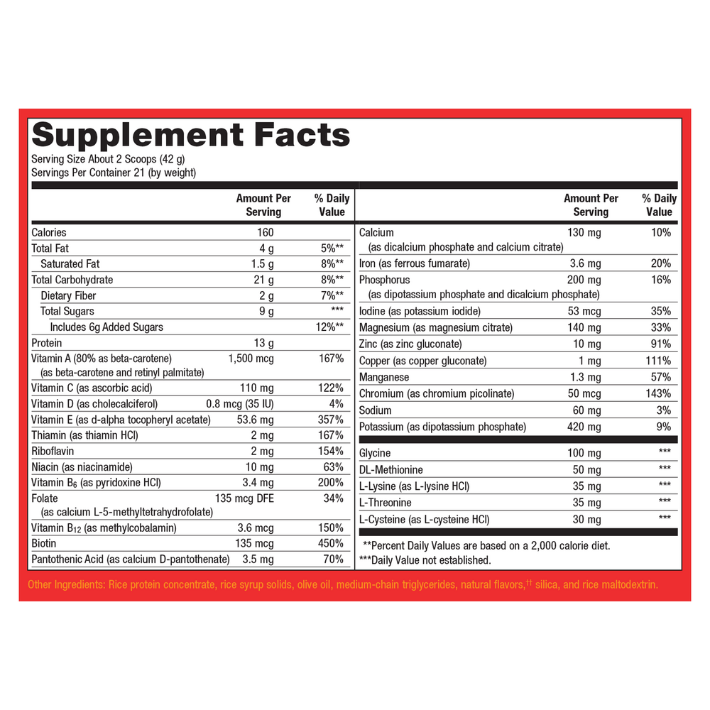 Supplement facts label with detailed nutritional information on a white background