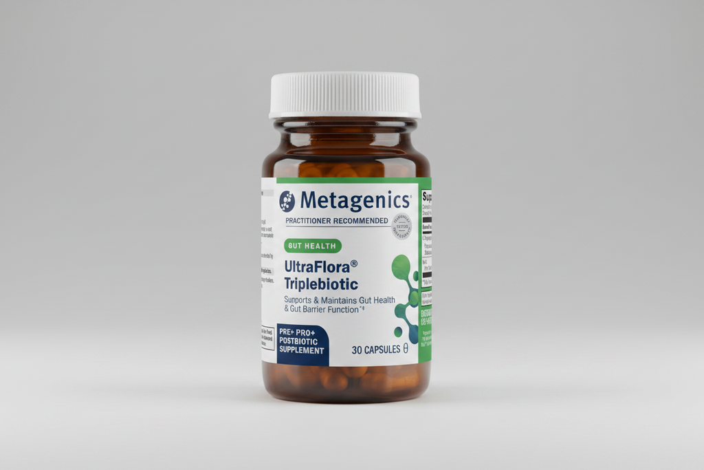 Metagenics UltraFlora TripleBiotic supplement bottle on a white background