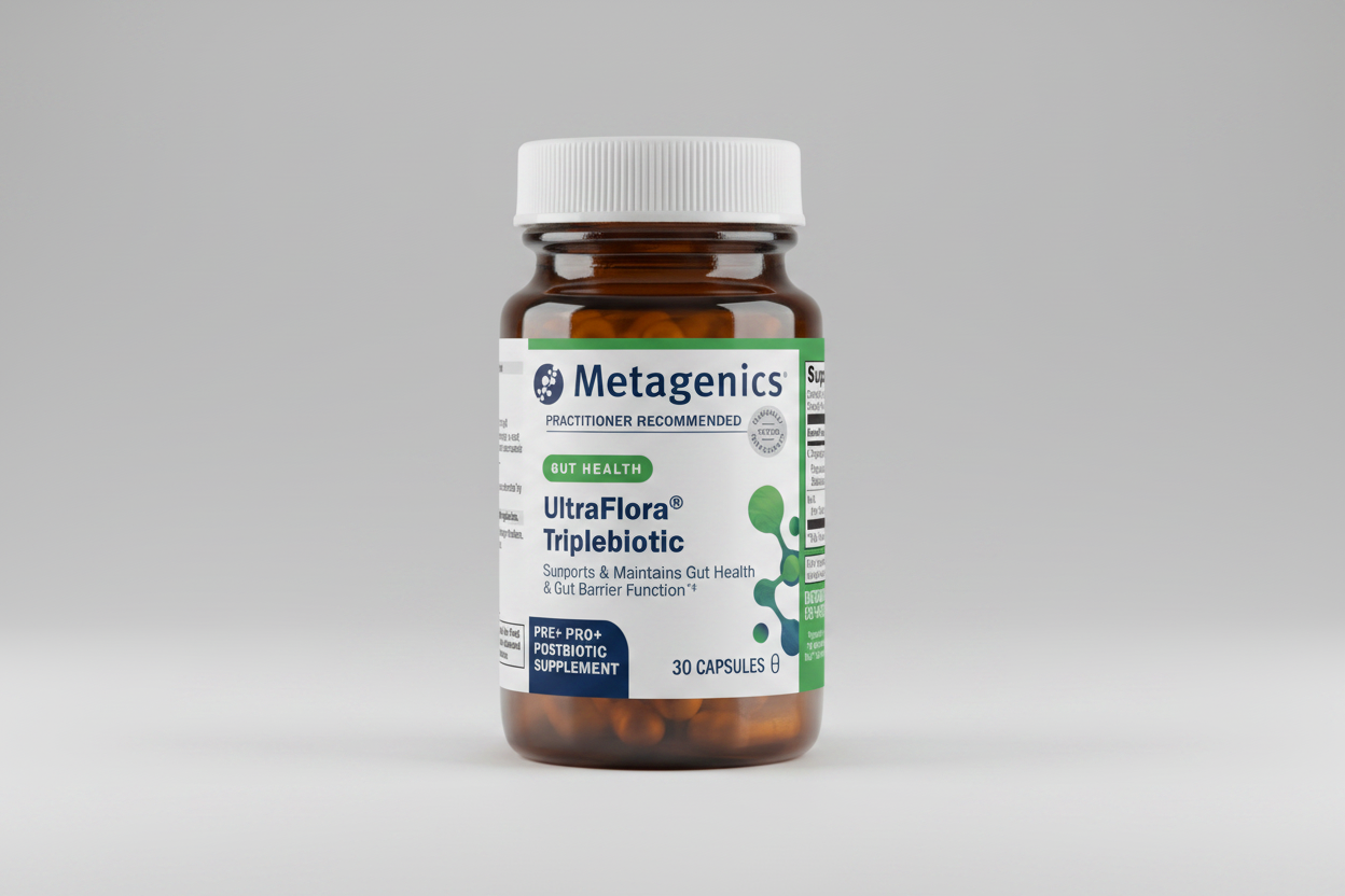 Metagenics UltraFlora TripleBiotic supplement bottle on a white background