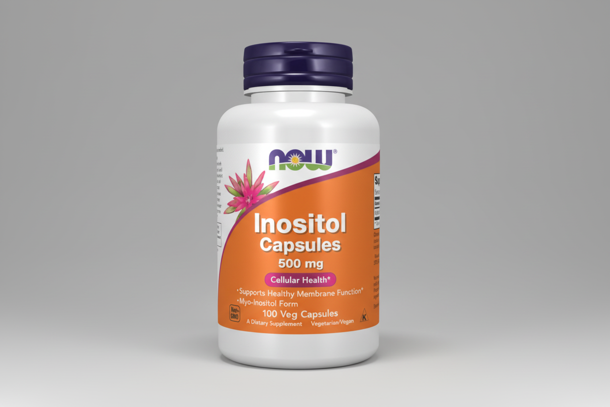 Supplement bottle labeled 'Inositol Capsules' with Now brand on a white background