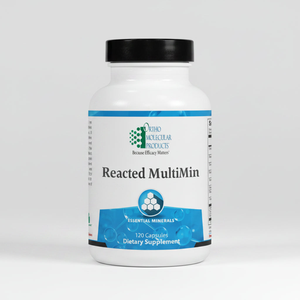 Supplement bottle labeled 'Reacted MultiMin' by Ortho Molecular Products on a white background