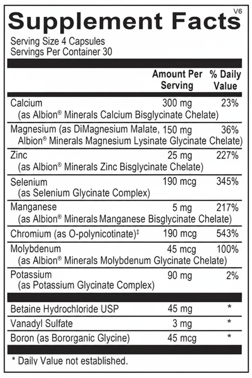 Supplement facts label with detailed nutritional information on a black background
