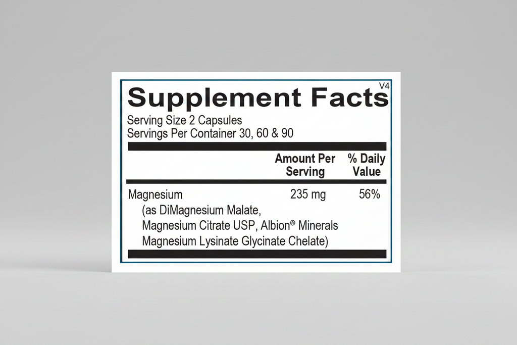 Supplement facts label with magnesium content on a blue background