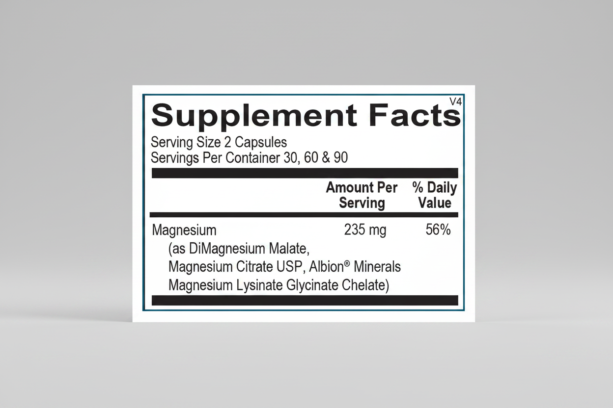 Supplement facts label with magnesium content on a blue background