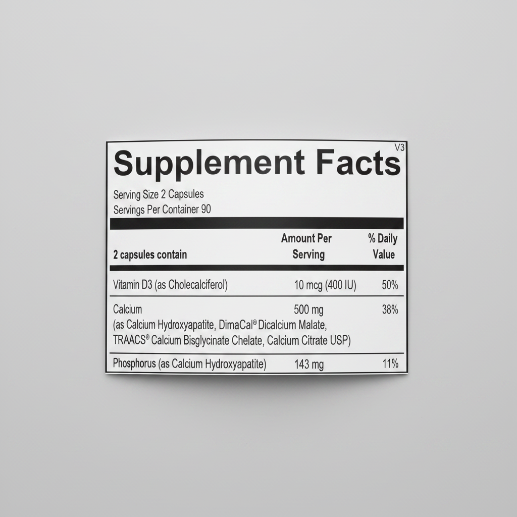 Supplement facts label with detailed nutritional information on a white background