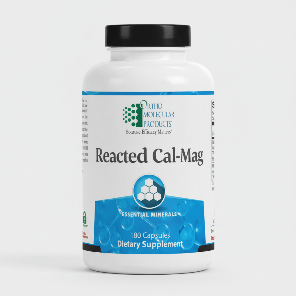 Supplement bottle labeled 'Reacted Cal-Mag' by Ortho Molecular Products on a white background
