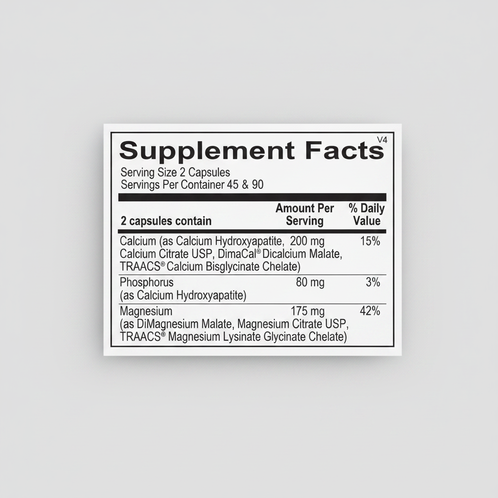 Supplement facts label with detailed nutritional information on a black background