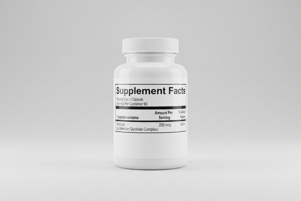 Supplement facts label for a selenium supplement capsule